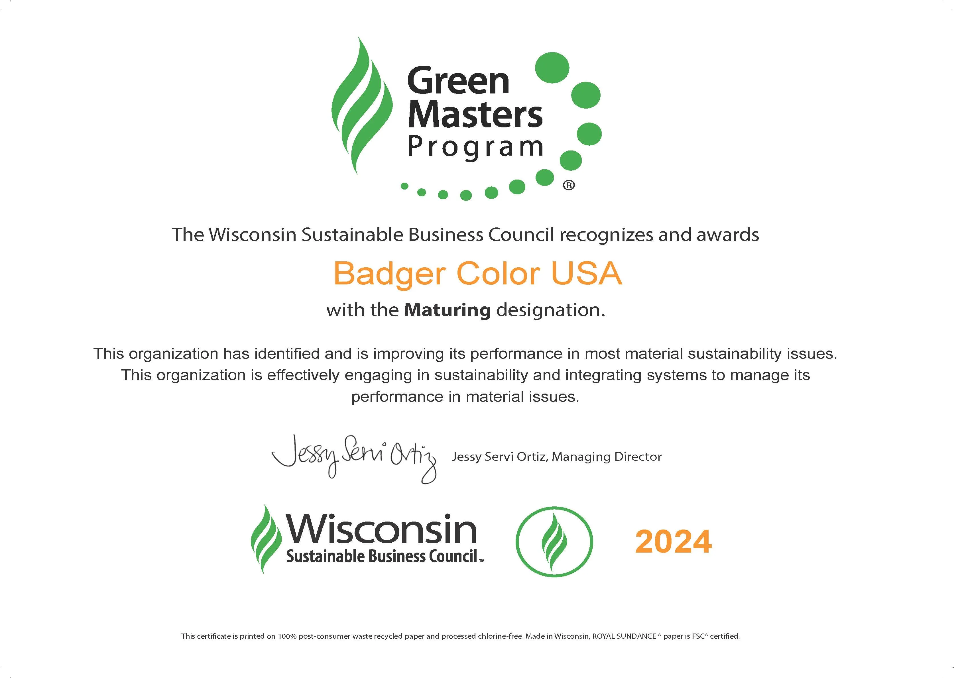 BADGER COLOR USA Attains Maturing Status